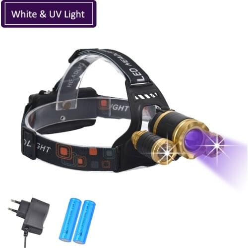 Professional Powerful Headllight 4-Mode White & UV Head Torch LED Rechargeable 18650 Zoom Headlamp For Running