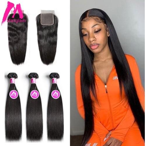 Malaysian Human Hair Bundles with Closure Straight Weave Natural Short Long Remy Hair Extension For Black Women 3 Bundles