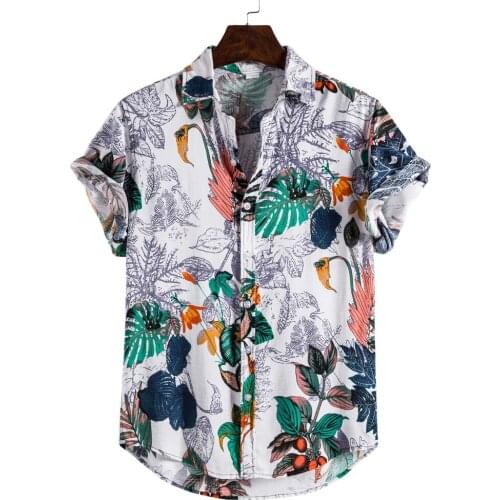 Mens Shirts Linen Ethnic Short Sleeve Casual Printing Hawaiian Shirt Blouse Button Turn-Down Collar Shirt Summer Beach Shirts