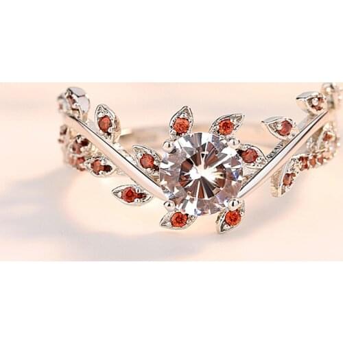 Silver Color New Flower Bougainvillea Mahogany Design Lady Zircon Ring Crystal Zircon Orange Color Ring Woman Gift