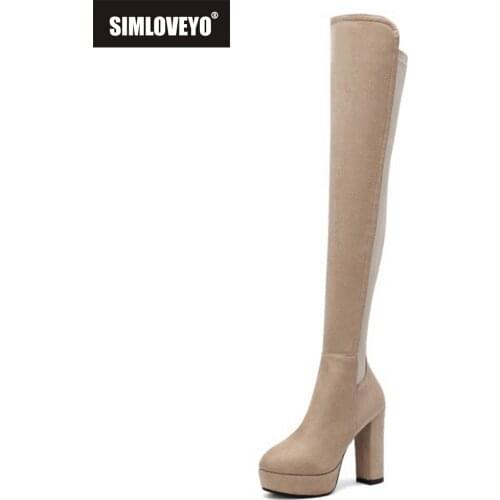 SIMLOVEYO Winter Elastic Slim Women Over Knee High Boots Platform Block High Heel Ladies Zip Suede Round Toe Womens Boots S2353