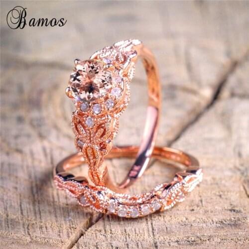 90% OFF ! Bamos Female Round Ring Set Luxury 18KT Rose Gold Filled Ring Vintage Wedding Band Promise Engagement Rings For Women
