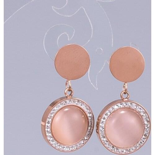 JIETHLING Rose Gold Color Stainless Steel Round Opal Stone Vintage Earrings For Women With Full Circle Crystal High Quality