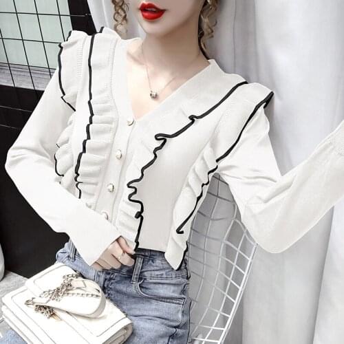2020Spring Autumn New Korean Fashion Temperament V-Neck Ruffle Stitching Long Sleeved Knitted Crdigan Loose Short Sweater Female