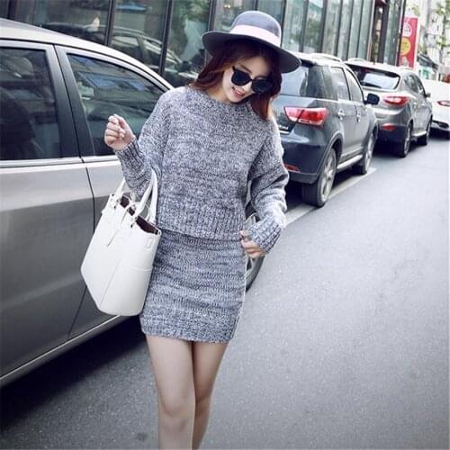 Knitting Fashion Women Two Piece Sets long Sleeve Casual Bodycon Outfits Button Crop Top And Skirt Co-ord Set
