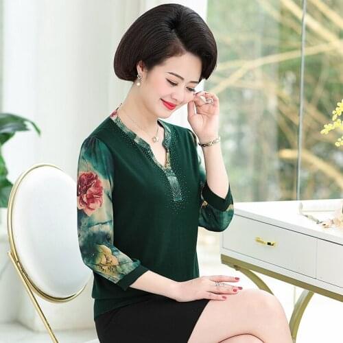 Women new spring knit blouse shirt floral printed shirt elegant female knit clothes chiffion patchwork long sleeve free shipping