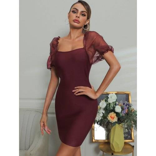 2021 high quality summer puff sleeve see-through mesh skirt for ladies tight sexy mini dress nightclub fashion party dress