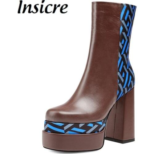 Drestrive Patchwork Cow Leather Round Toe Platform Women Ankle Boots Thick High Heels 2021 Winter Shoes Mixed Colors Zipper