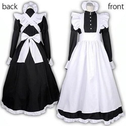 S-XXL Sexy Adult Men Woman Night French Maid Servant Costume Black&White French Maid Costume Halloween Party Long Dress