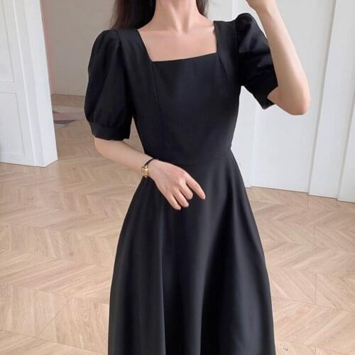 Women Summer New Black Dress Solid Color Temperament Square Collar Maxi Dress Retro Hepburn Style Long Dress