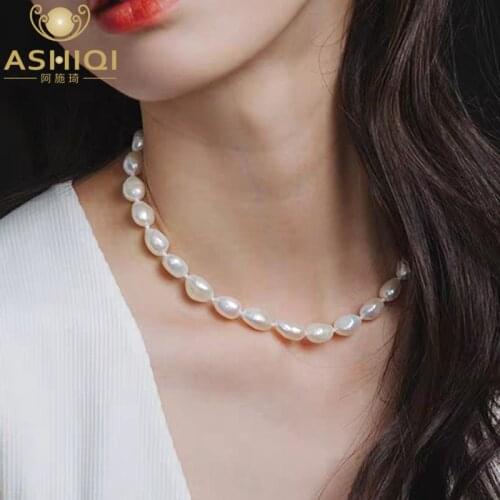 ASHIQI Natural Baroque pearl Necklace 9-10mm Gray Freshwater Pearl Jewelry for women