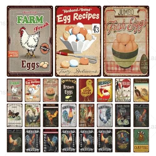 Farm Tin Sign Eggs Vintage Metal Sign Plaque Metal Vintage Farmhouse Wall Decor Chicken Hen Cock Retro Metal Iron Signs(20x30cm)