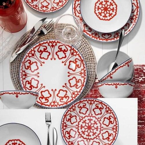 596617 decor 24 Piece Dinnerware red pattern plate bowl service set elegant tableware banquet suit