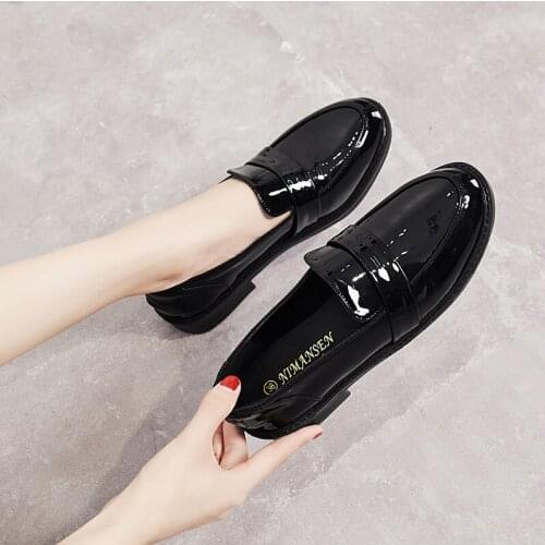 34-40 size glitter black small leather shoes solid Korean student slip on moccasins patent leather flat chunky brand derby shoes