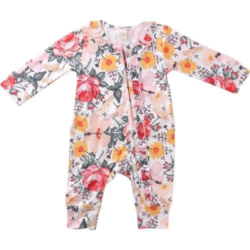 Citgeett Autumn 0-24M Toddler Baby Boy Girl Jumpsuit Long Sleeve Crew Zipper Neck Button Front Ruffle Floral Romper