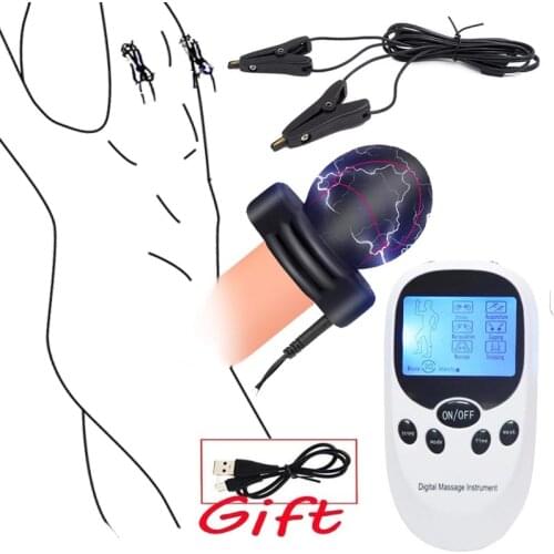 Electro Shock Glans Trainer Massage Cup Penis Stimulator Men Delay Training Masturbator E-Stim Nipple Clamps Strong Bdsm Sex Toy