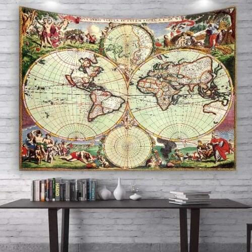 Ancient World Map Tapestry Landscape Hanging Flower Psychedelic Tapestry Wall Hanging Decor Halloween Deco