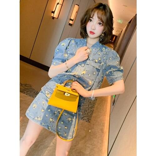 Hubble-bubble sleeve floral cowboy short sleeve jacket + printing A - Line new skirt suits summer