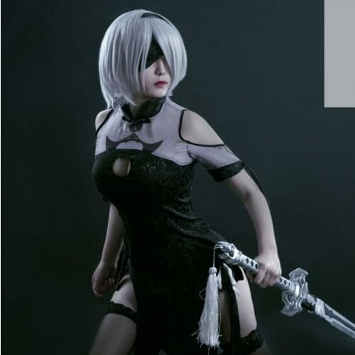 [Customized] Anime NieR Automata YoRHa 2B Black Cheongsam Dress Game Suit Cosplay Costume Halloween Party Outfit For Women 2021