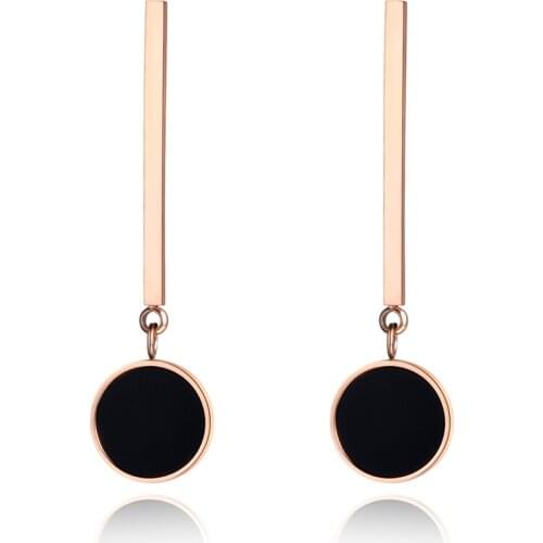 Classic Black Round Acrylic Long Earrings For Women Girl Rose Gold Stainless Steel Jewelry Christmas Party Gift JE19007