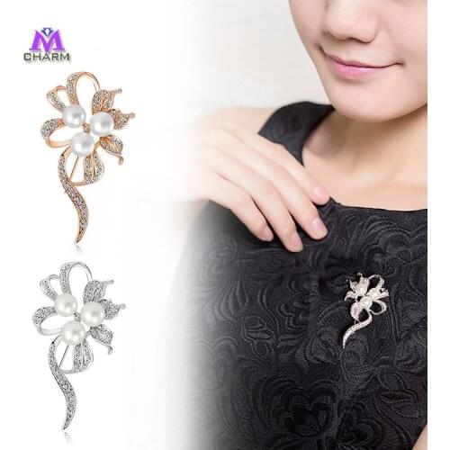 Classic Design!Real Gold Plated Made With CZ Zircon Stone And Simulated-pearl Blooming Flower Brooch For Women And Girl