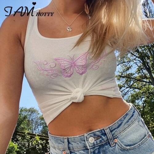IAMHOTTY Harajuku Butterfly Print Crop Top Women Sleeveless Streetwear TShirt Haut Femme Sexy Streetwear Summer Women Clothes