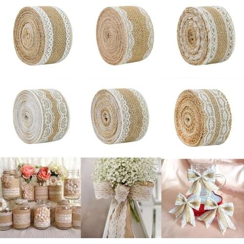 2Meters/Roll Jute Burlap Hessian Ribbon with Lace Trims Vintage Tapes For Rustic Wedding Decoration Party Gift Wrap Decoration