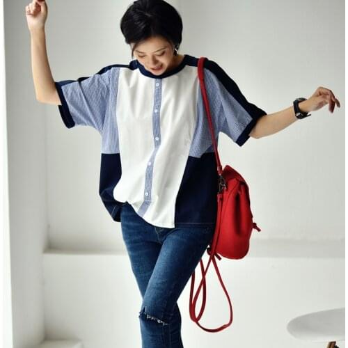 MICOCO C3177C Literature and art simple splicing comfortable cotton round collar short sleeve pullover shirt