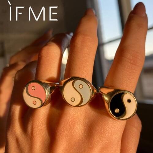 IF ME Trendy Ins Aesthetic YingYang Tai Chi Pearsonality Funky Hippie Metal Oil Drip Finger Rings for Women Girl Rings Jewelry
