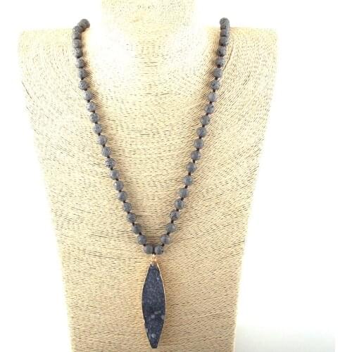 MOODPC Fashion Bohemian Tribal Jewelry Multi Lava Stones Long Knotted Natural Druzy Drop Pendant Necklaces Women Ethnic Necklace