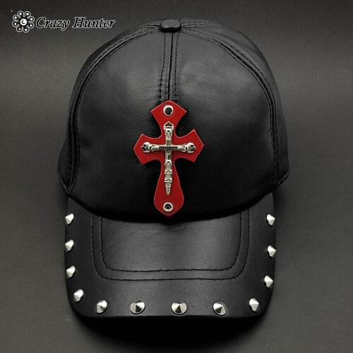 Punk Gothic Cross Genuine Leather Cap Hat Mens BassBall Cap