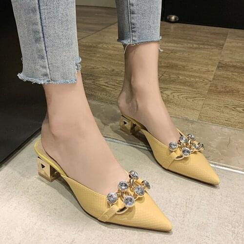 Sexy High Heel Mules Ladies Leather Sole Slippers Women Crystal Shine Metal Chian Pointed Toe Platform Mules Slip on Shoes Woman