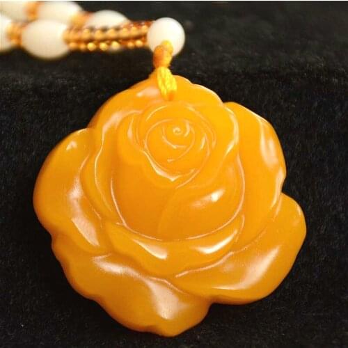 Natural Yellow Chinese Jade Rose Flower Pendant Beads Necklace Fashion Charm Jadeite Jewelry Carved Amulet Gifts for Women Men