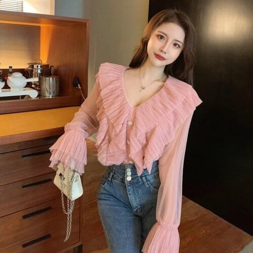 2021 Autumn New Temperament Sweet And Age-reducing Womens Blouse V-neck Doll Collar Trumpet Sleeve Female Casual Niche Shirt