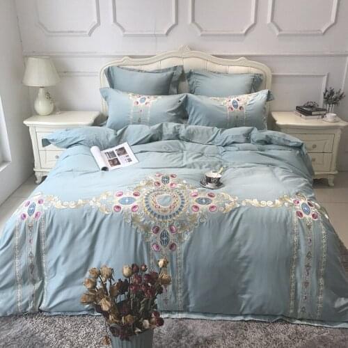 Blue luxury Embroidered 120S Egyeptian cotton Royal Bedding sets Queen King Wedding Duvet cover Bed sheet set Pillowcases 4pcs