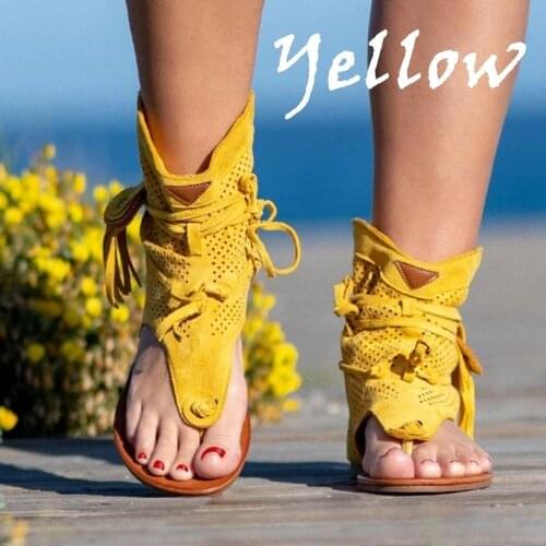 2020 Retro Sandals Gladiator Fashion Soft Lace Up Tassel Rome Flats For Women Vintage Clip Toe Boots Large Size Female Shoes