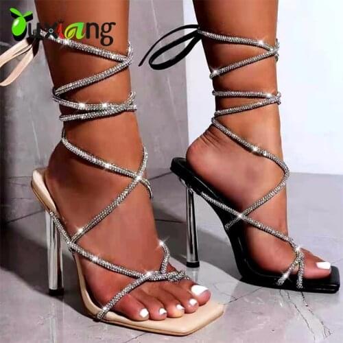 High Heels for Women Sandals Lace up Strappy Heels Square Toe Heels Crystal Glittery Stiletto Rhinestone Sandals Summer Shoes