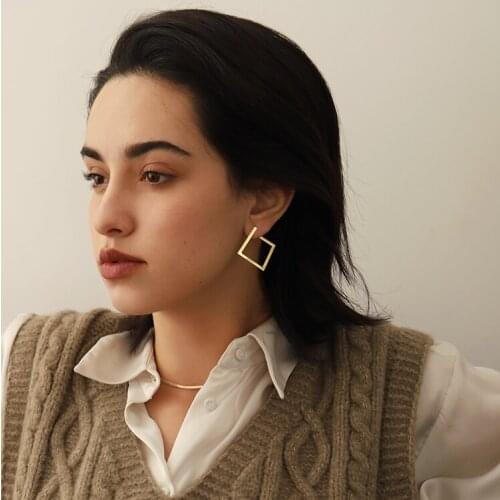 Simple Stainless Steel Geometric Rectangle Drop Earring Jewelry 18K Gold Asymmetric Square Hoop Earrings For Women