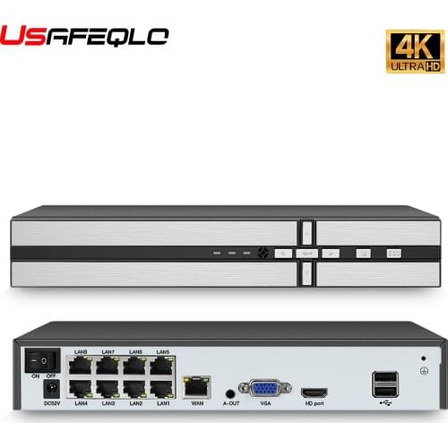 USAFEQLO 4K 8CH POE NVR ONVIF H.265 3.5mm Audio Out Surveillance Security Video Recorder for POE IP Camera 1080P/4MP/5MP/8MP/4K