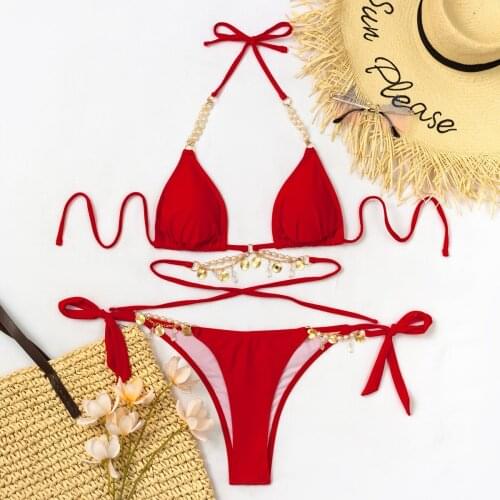 2021 Sexy Womens 2Pcs Bikini Set Solid Halter Lace Up Seperate Swimsuit Push Up Padded Swimwear Summer Bathing Suit Biquini
