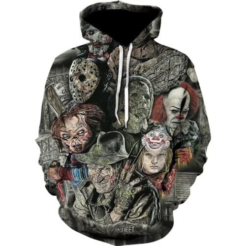 3D Print Clown Hooded Anime Hoodie Fashion Off white Sweatshirt Joker Hoodies Men Clothing Horror Movie Chucky Hooded Pullover