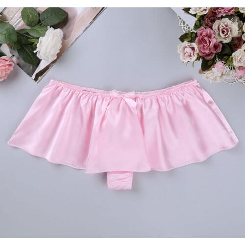 Mens Erotic Lingerie Sissy Underpants Soft Shiny Satin Skirted G-string Thongs Panties Elastic Waistband Cute Bownot Underwear