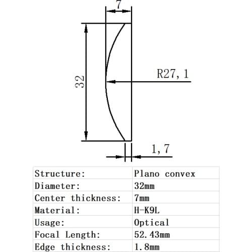 Plano Convex Lens Diameter 32mm Focal Length 52.43mm H-K9L Glass Lens Optical Glass Optical Lens