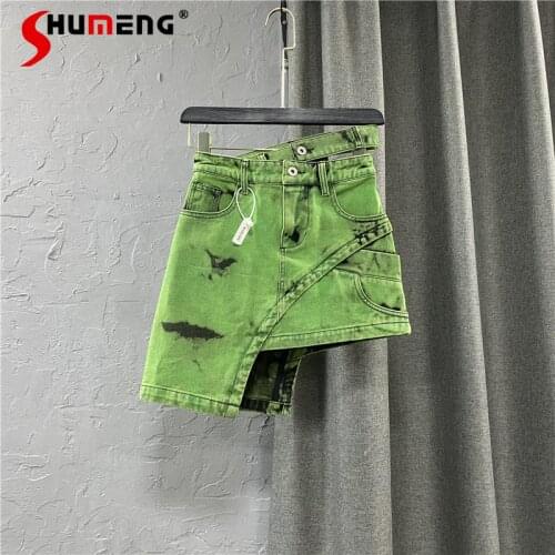 2021 Summer New Double-Row Waist Green Denim Skirt Streetwear Women Asymmetric High Waist Tie-Dyed Skirt for Ladies