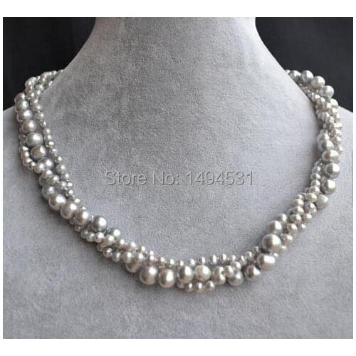 Wholesale Pearl Jewelry ,Gray Color 3 Strands 18 Inches 4-8mm Natural Freshwater Pearl Necklace , Wedding Bridesmaids Jewelry
