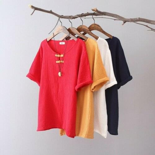 Women Chinese Vintage Cotton Linen Shirt Top Short Sleeve Tee Frog Button Blouse