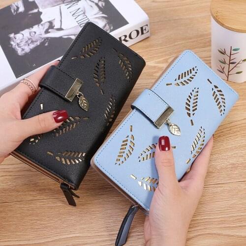 Womens Multifunctional PU Handbag Hollow Leaves Zipper Long Purse with 12 Slots Cell Phone Wallet for Banknote Coin d88