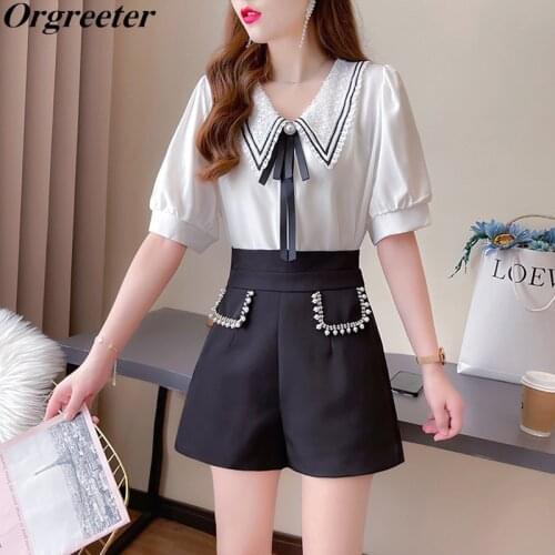 2 Piece Sets Womens 2021 Summer Lace Collar Chiffon Shirt Blouse Female Preppy Style High waist Beaded Slim Shorts Outfits