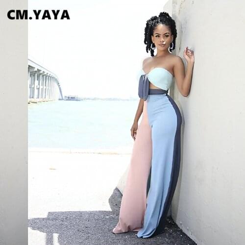 CM.YAYA Women Set Patchwork Sleeveless Strapless Crop Tops Long Flare Pants Two 2 Piece Sets Casual Fashion Outfit Summer 2021
