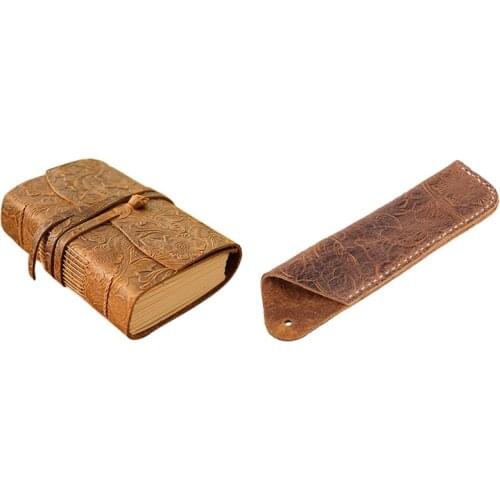 1 Pcs Handmade Leather Double Pen Case Holder Brown & 1 Pcs 400P 165X115x40mm Blank Paper Sketchbook